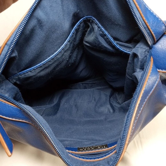 Liz Soto Vegan Leather Purse Navy Blue with Brown Removeable Strap, 12 x 12 Inch - Picture 5 of 7